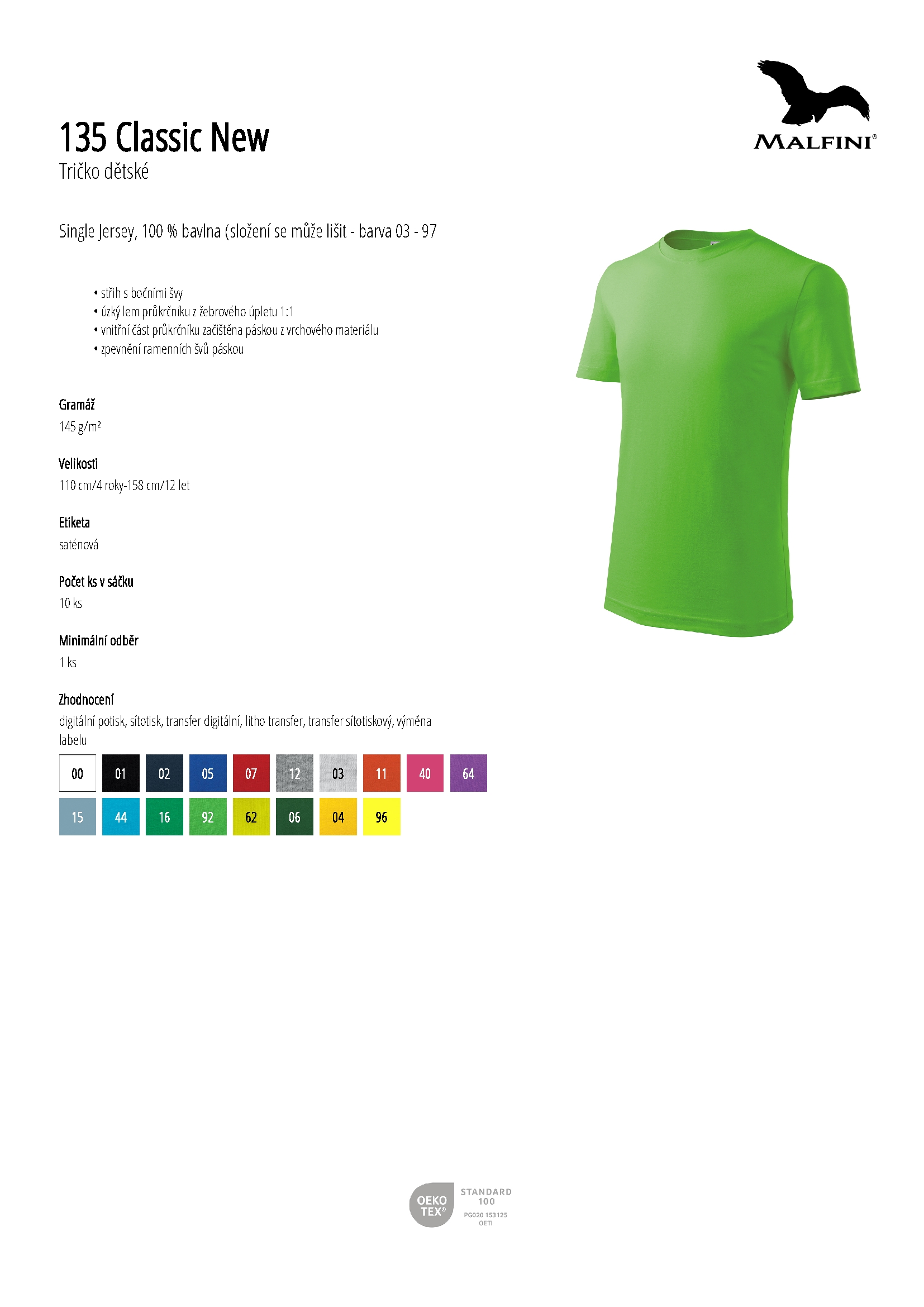 Karta produktu Tričko dětské Classic New 135 bílá