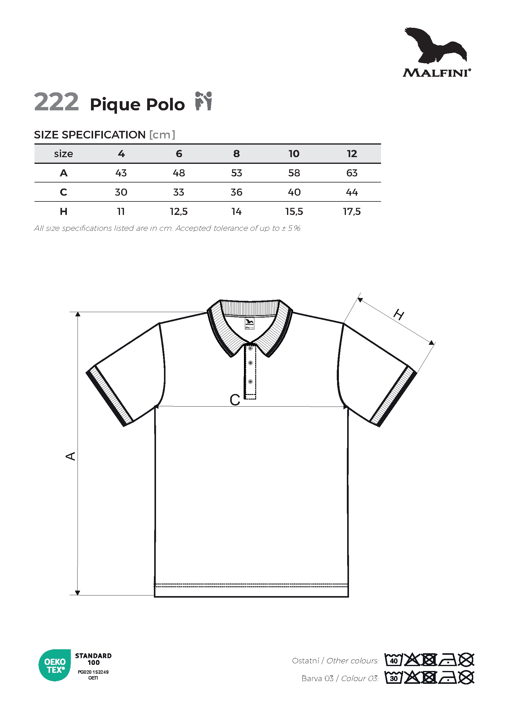 Tabulka velikostí produktu Polokošile dětská Pique Polo 222 bílá