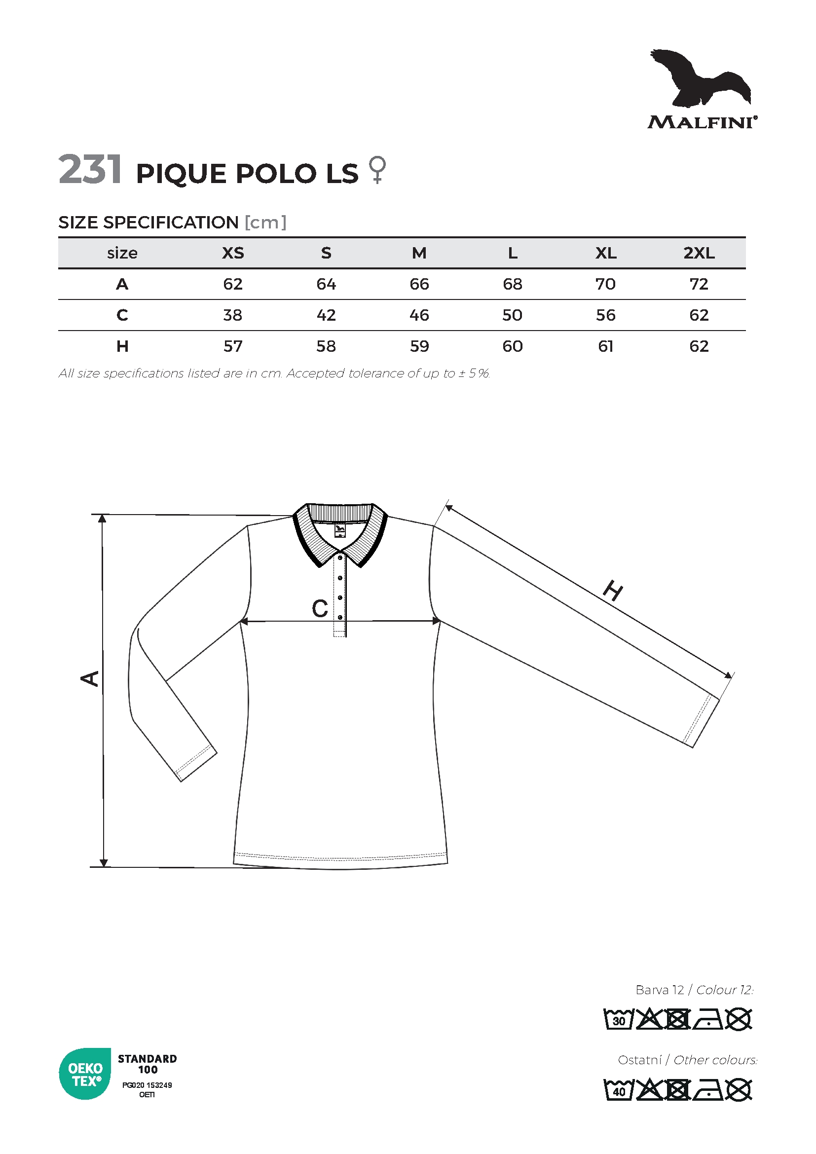 Tabulka velikostí produktu Polokošile dámská Pique Polo LS 231 královská modrá