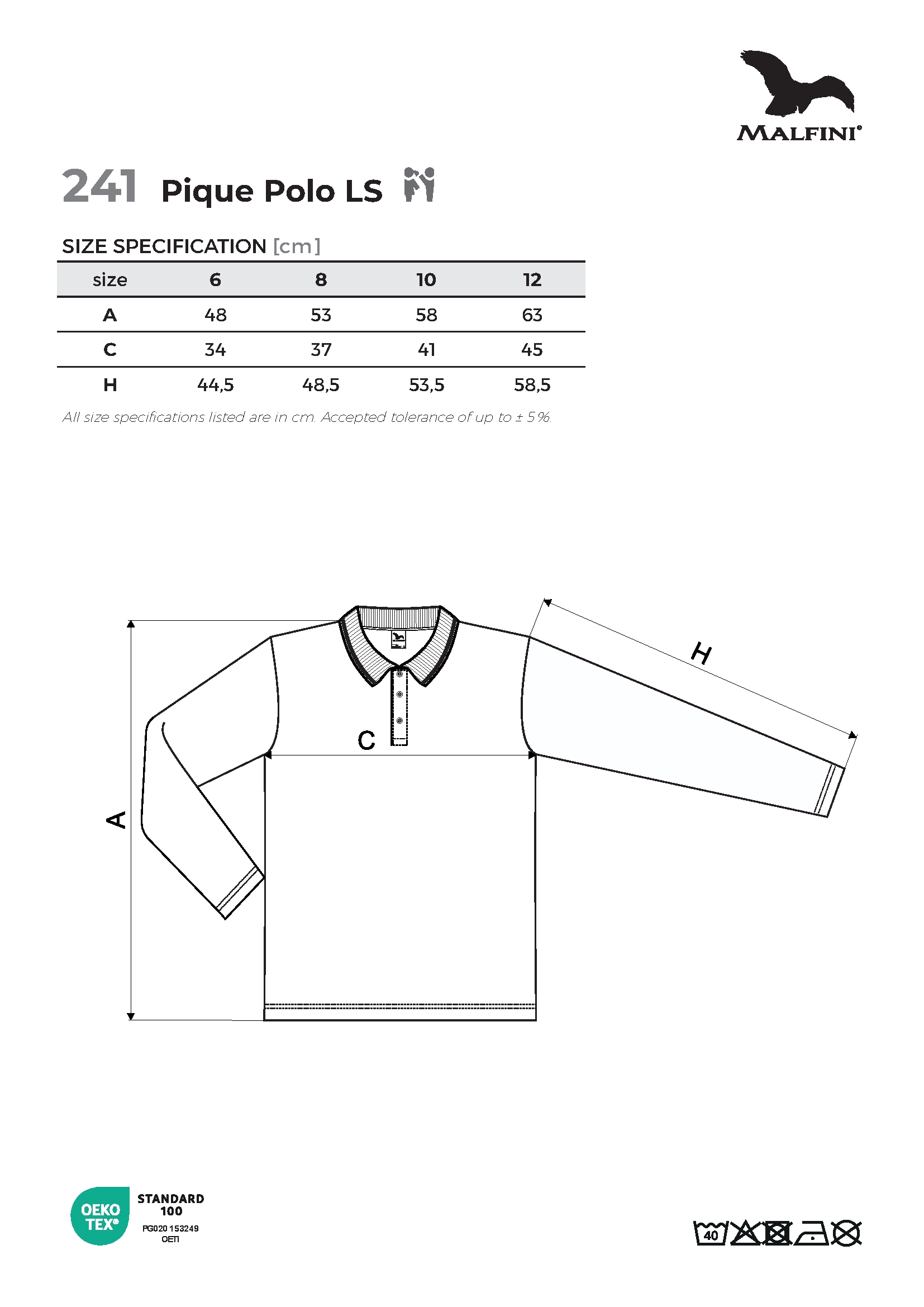 Tabulka velikostí produktu Polokošile dětská Pique Polo LS 241 nebesky modrá