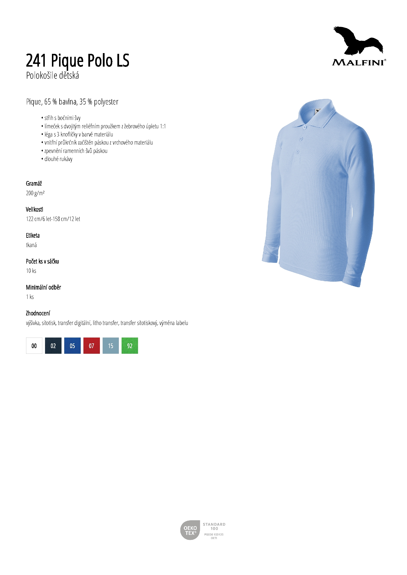 Karta produktu Polokošile dětská Pique Polo LS 241 nebesky modrá